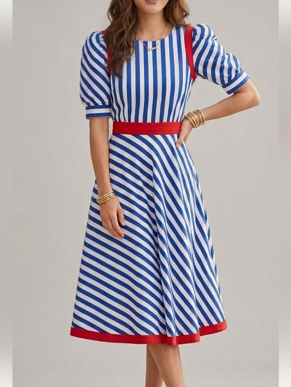 Vintage 100% Cotton Coastal Midi Dress Stripped Fits Medium Size 9 Pin Up Retro